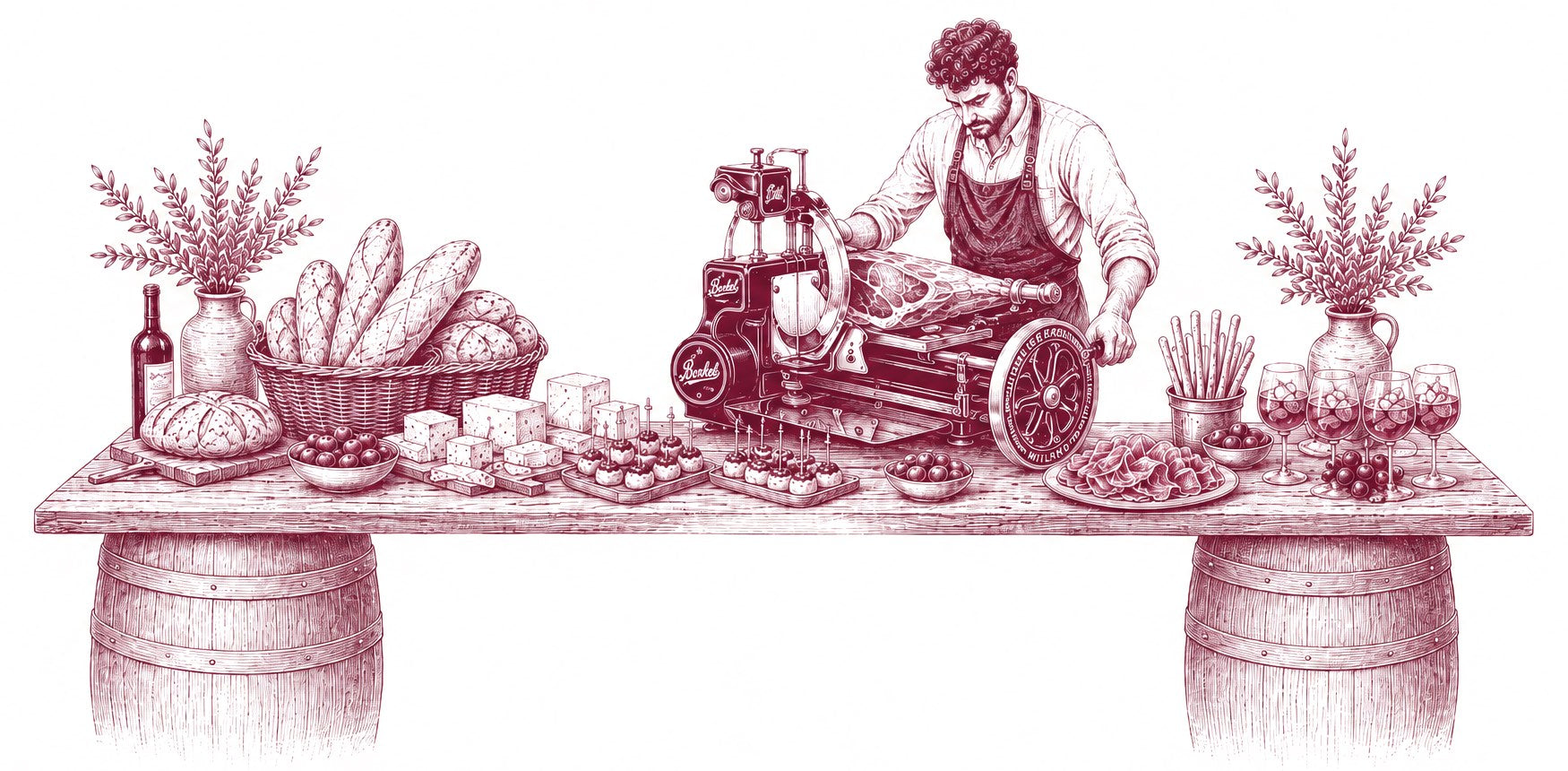 Engraved illustration of the Marenda station: a chef slicing prosciutto on a Berkel flywheel slicer on a long timber table set on two wine barrels, with bread, cheese, olives, crostini and spritz